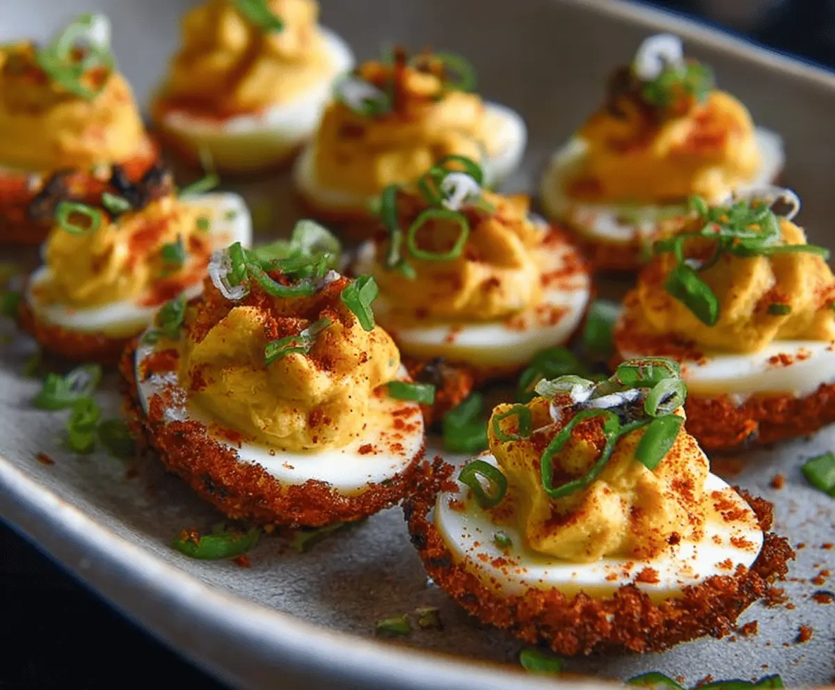 Bayou-inspired deviled eggs garnished with herbs on a decorative plate