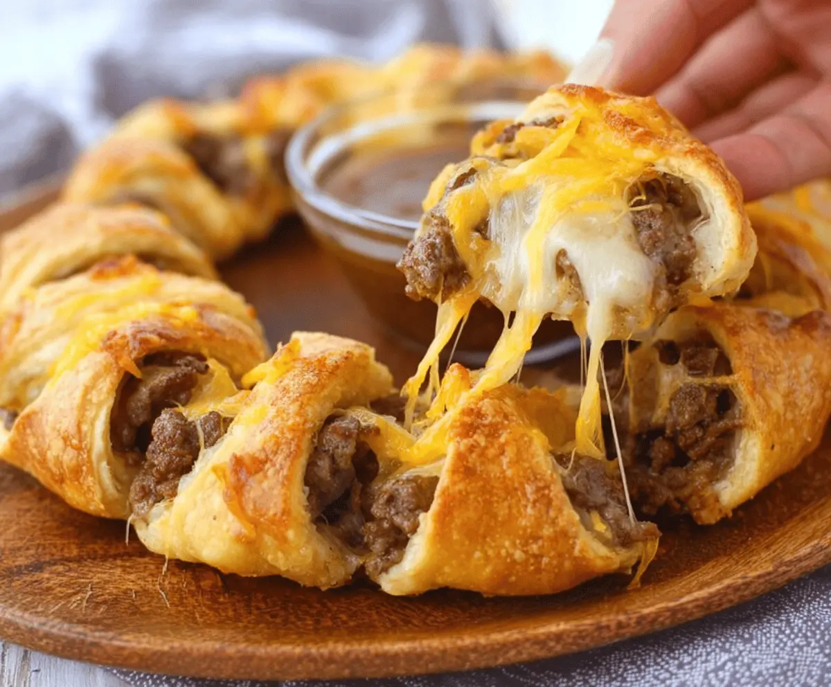 Delicious Beef and Cheese Crescent Ring Bites served hot on a white plate.