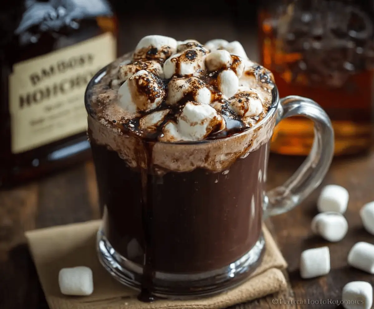 Rich Bourbon Spiked Hot Chocolate in a cozy mug, topped with whipped cream and chocolate shavings.