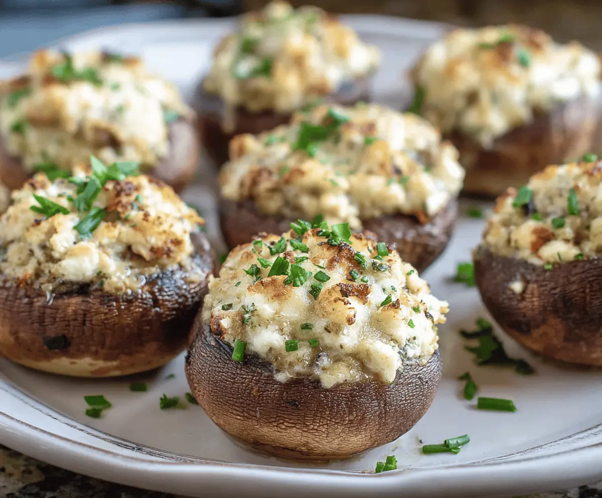 Delicious Boursin stuffed mushrooms displayed on a plate, perfect for appetizers or party snacks.