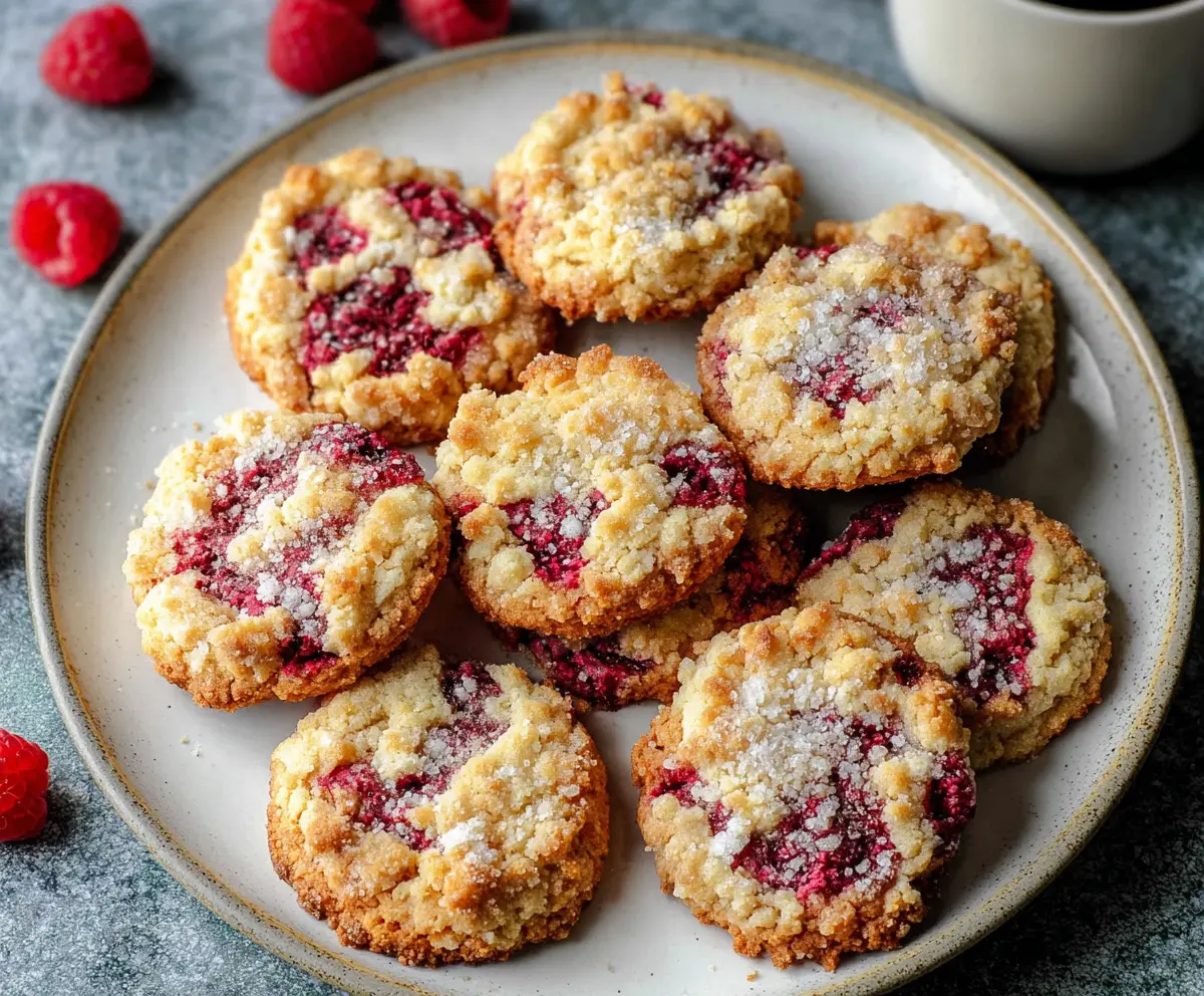 Delicious buttery raspberry crumble cookies showcasing a golden-brown topping and vibrant raspberries.