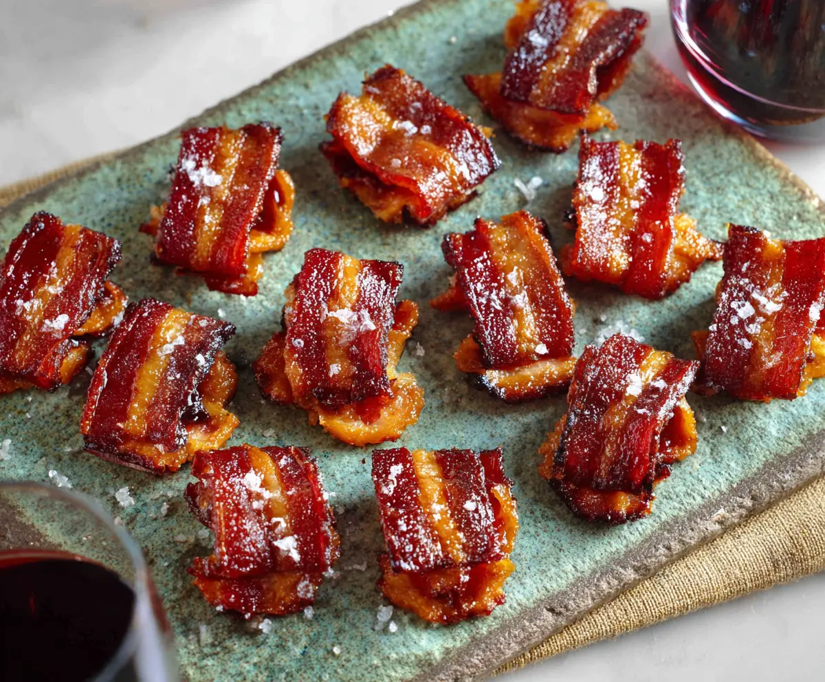 Delicious candied bacon bites garnished with glazed caramel coating and crispy edges.