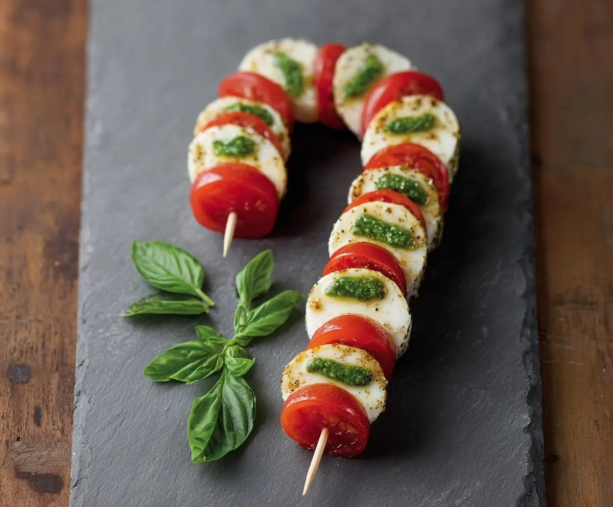 Candy Cane Caprese Skewers served as festive appetizer with cherry tomatoes, mozzarella, and fresh basil on skewers.