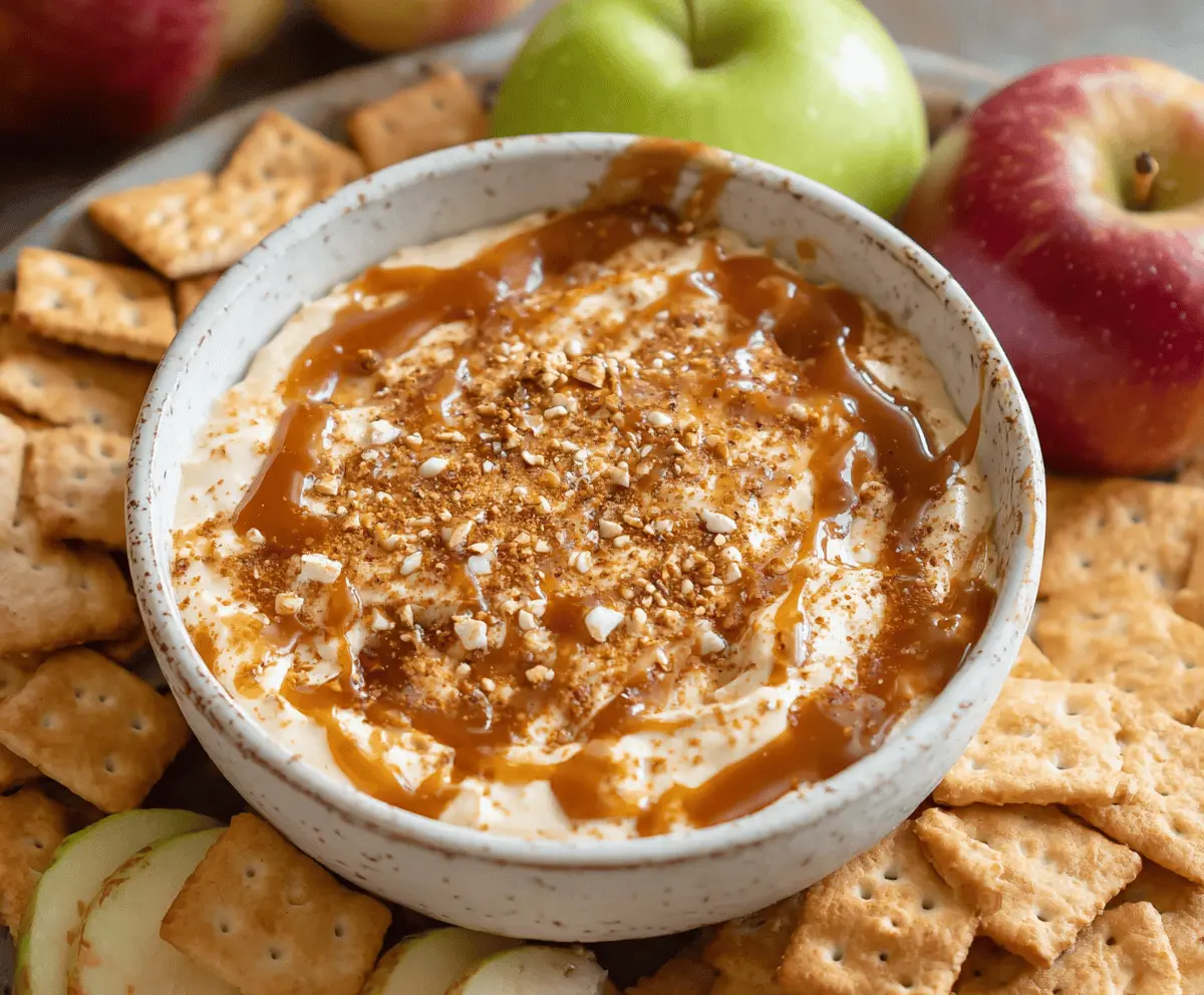 Delicious caramel apple dip with fresh sliced apples for a sweet snack.