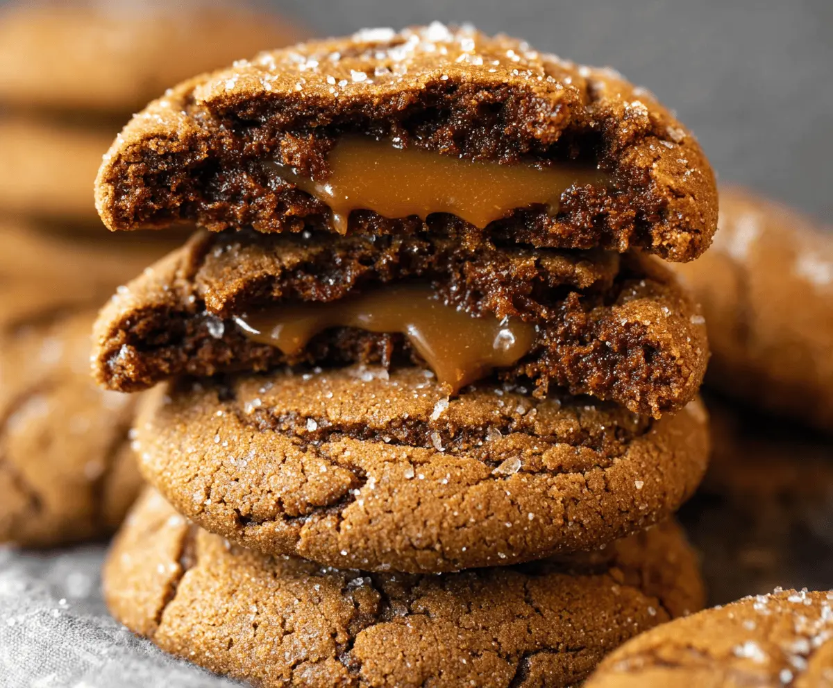 Delicious caramel-stuffed gingerbread cookies with gooey center and festive spices.