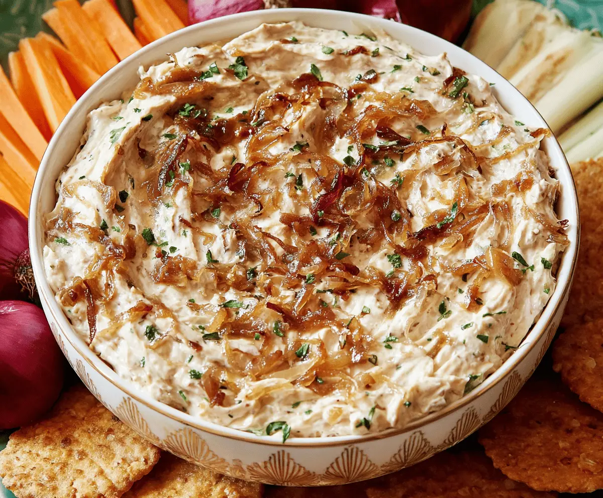 Creamy caramelized onion dip served with fresh vegetables and chips, perfect for parties and gatherings.