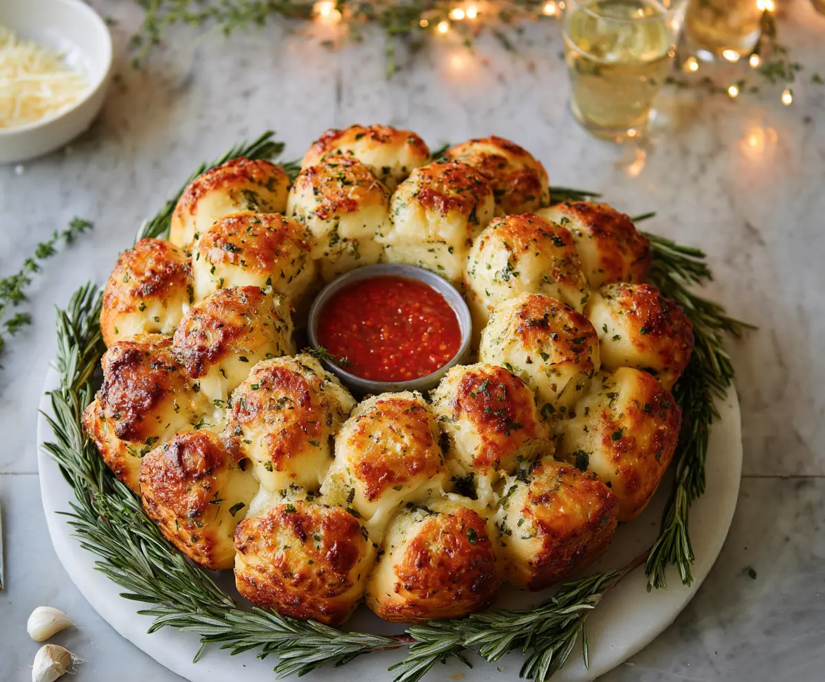 Delicious Cheesy Garlic Pull-Apart Wreath fresh from the oven, showcasing gooey cheese and aromatic garlic on a serving platter.