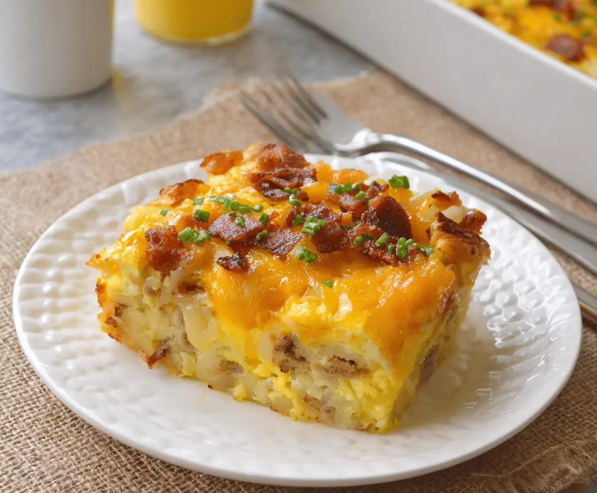 Delicious cheesy hashbrown egg casserole topped with melted cheese and fresh herbs.