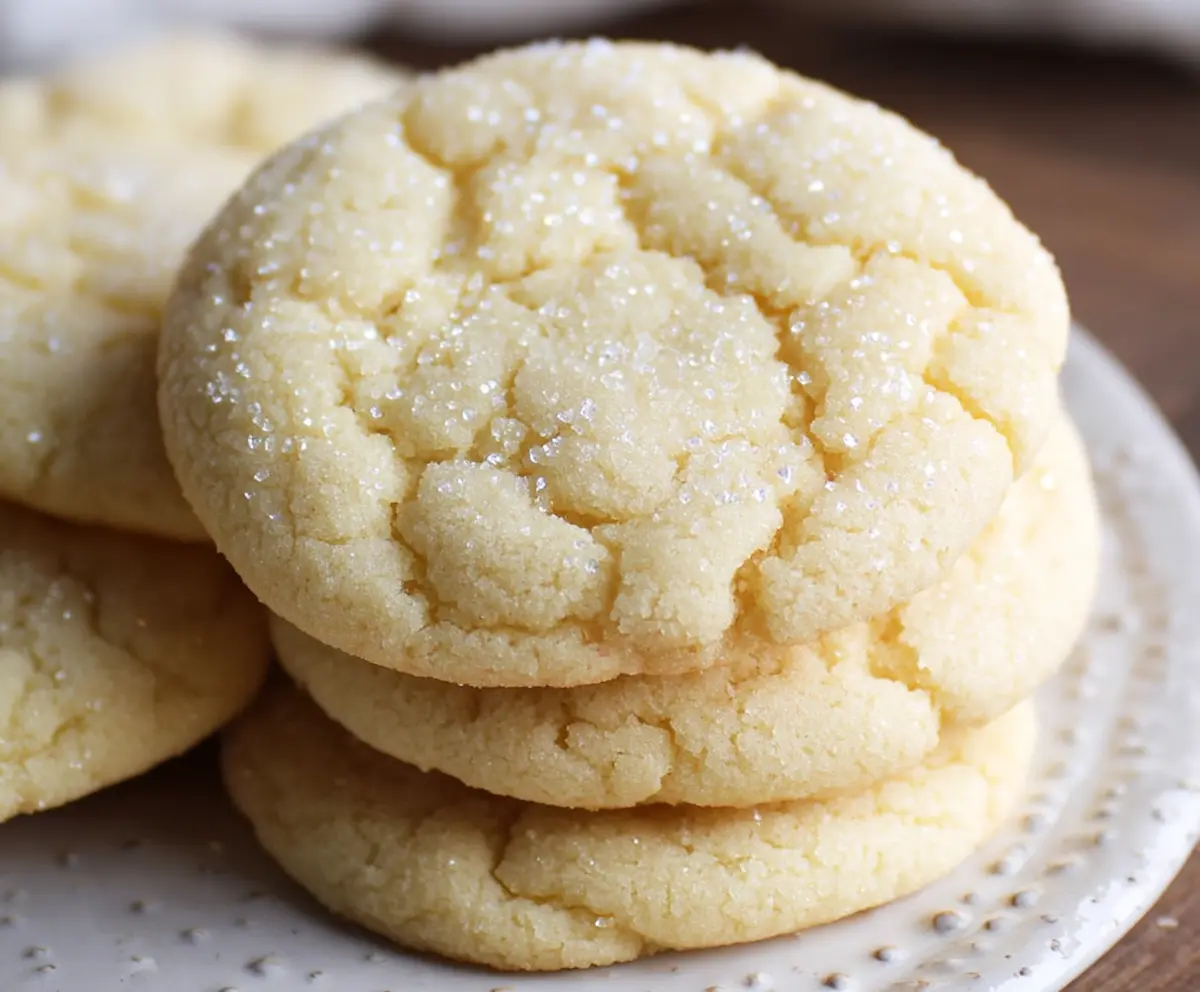 Delicious chewy drop sugar cookies with golden edges on a plate