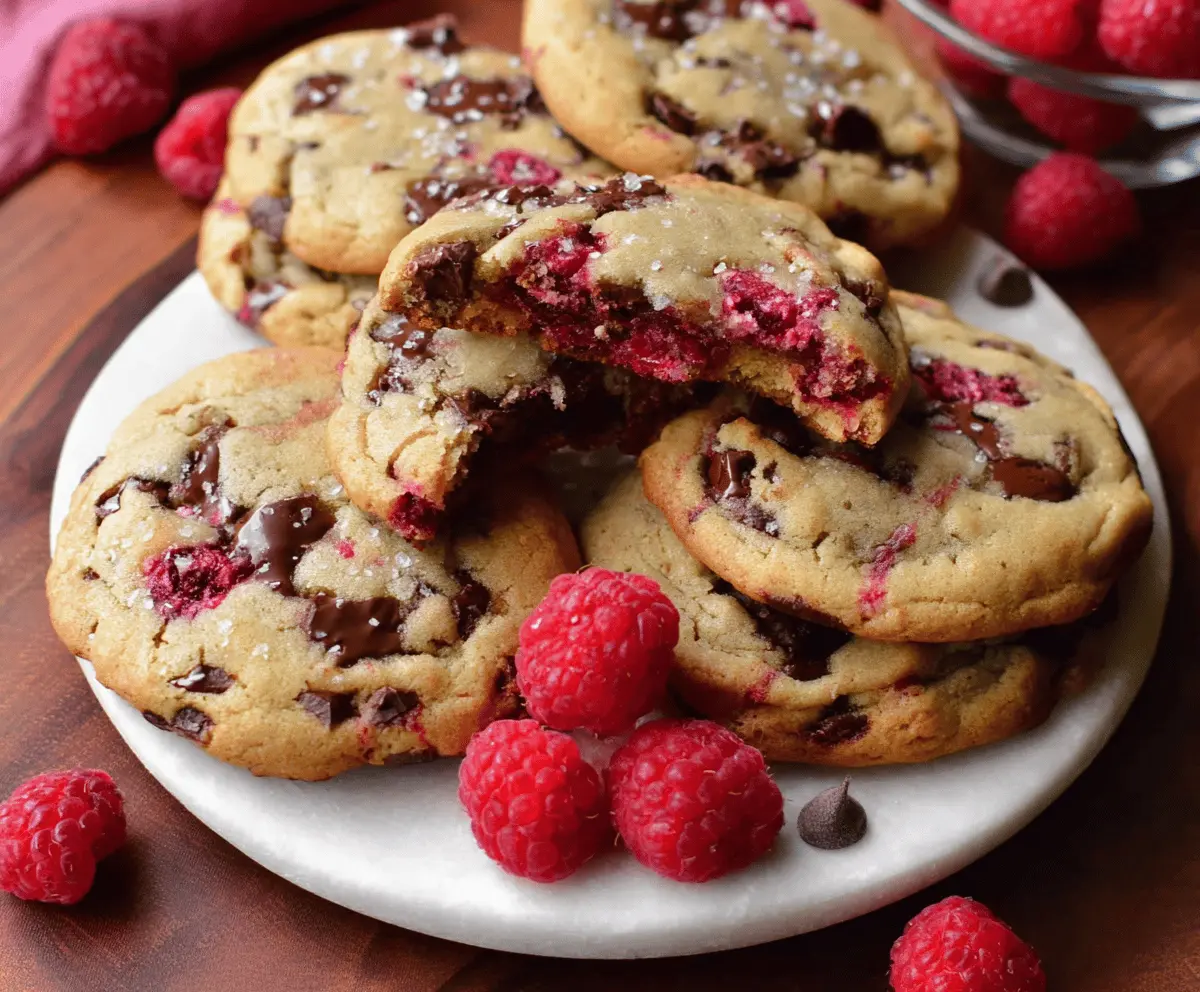 Delicious chewy raspberry chocolate chip cookies fresh out of the oven.