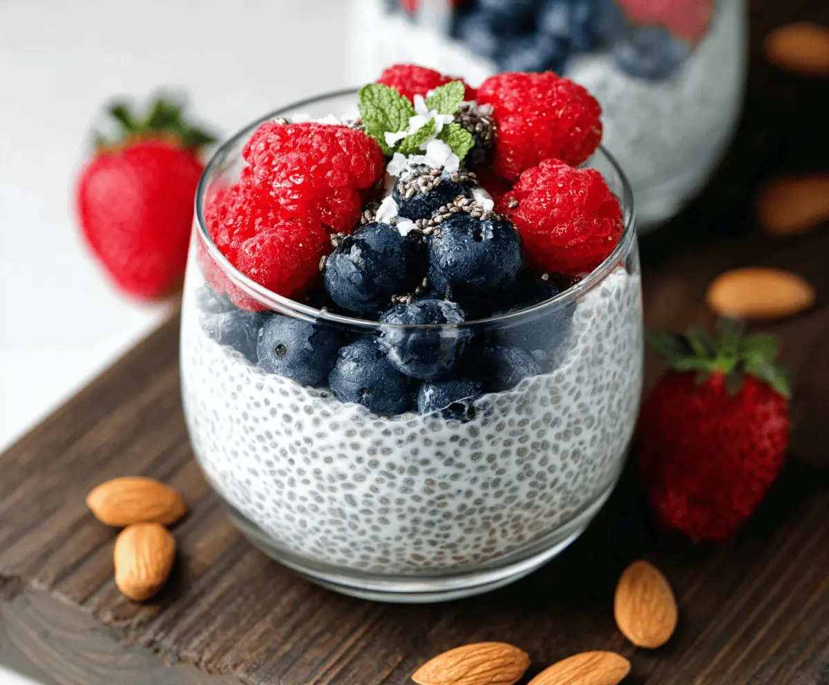 Creamy chia pudding topped with fresh berries and honey in a glass bowl.