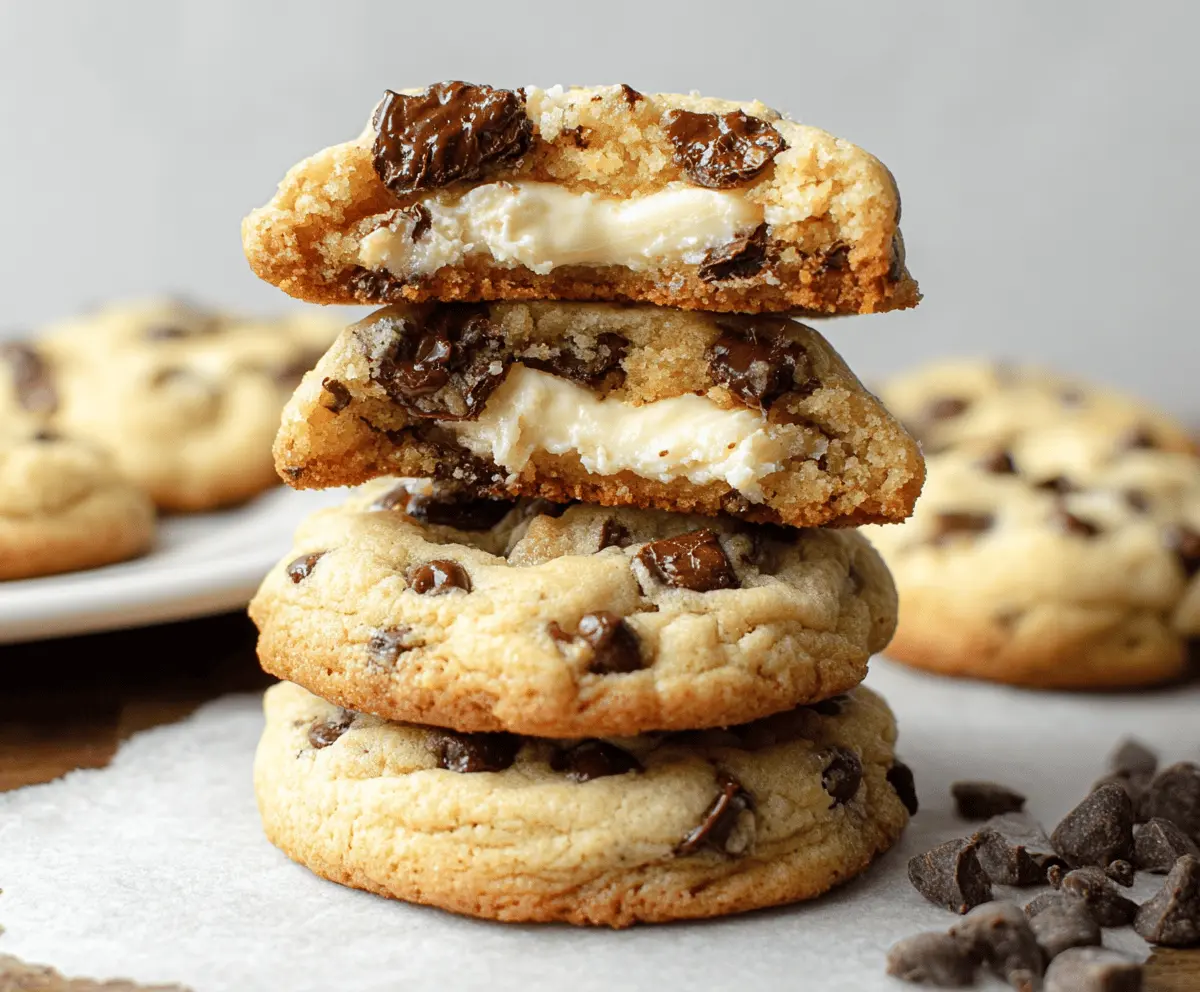 Delicious Chocolate Chip Cheesecake Cookies on a plate with chocolate chunks and a crumbly crust