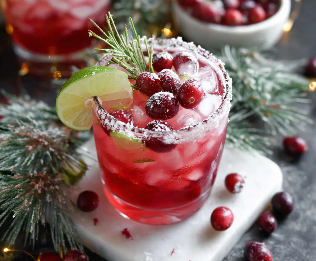 Festive Christmas Cranberry Margarita with fresh cranberries and lime garnishes