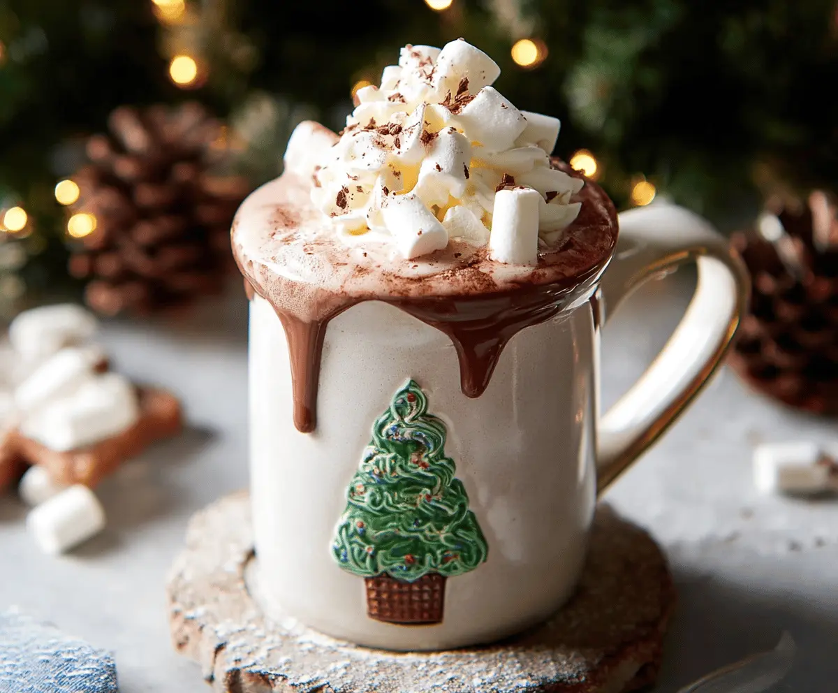 Delicious Christmas hot chocolate topped with whipped cream and peppermint candies