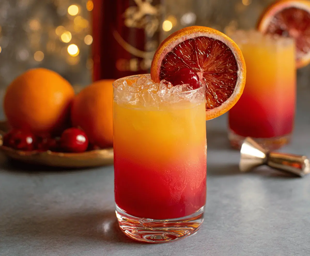 Festive Christmas Tequila Sunrise cocktail garnished with cherry and orange slice on a holiday table