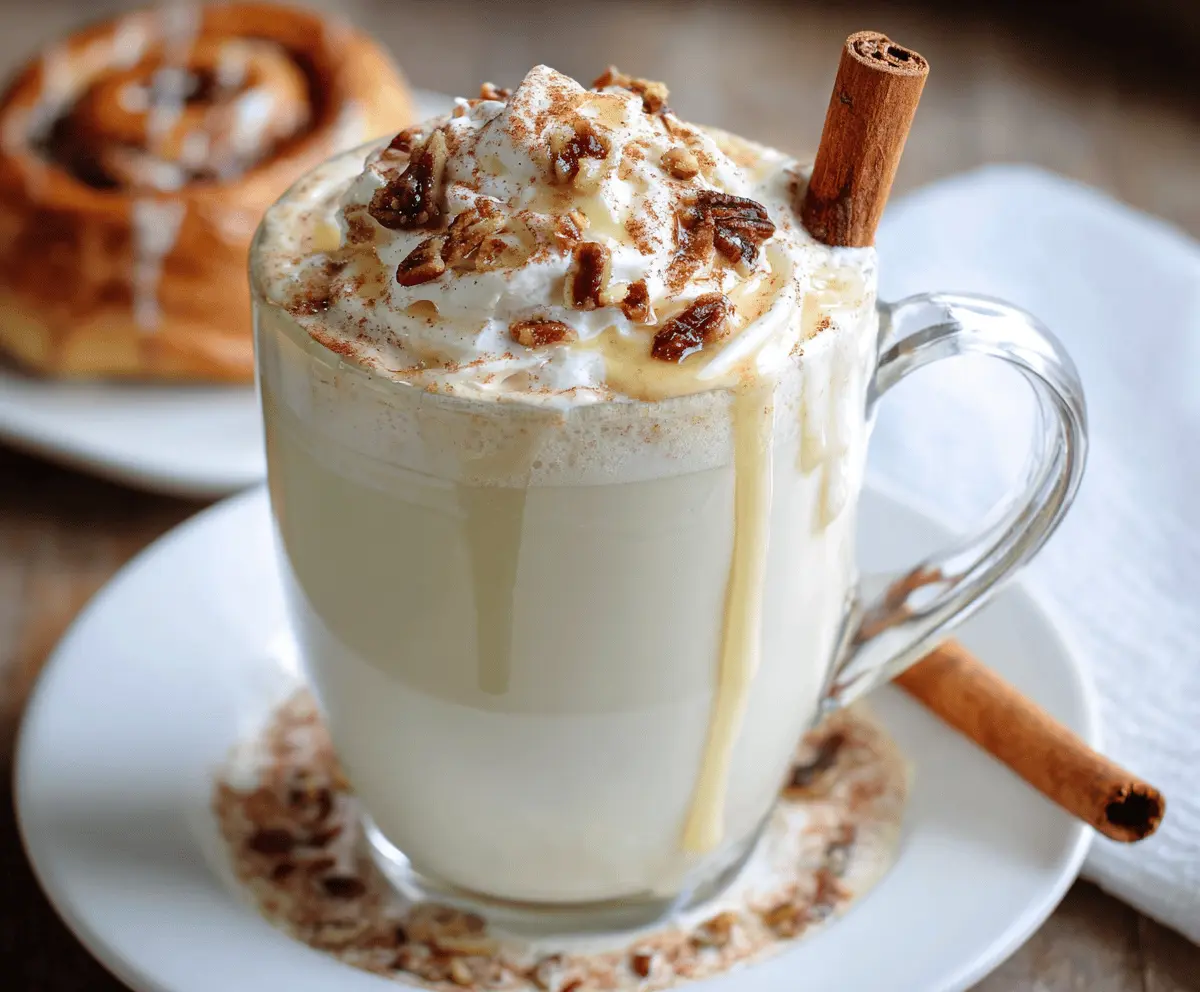 A cozy mug of cinnamon bun white hot chocolate topped with whipped cream and cinnamon, perfect for winter treats.