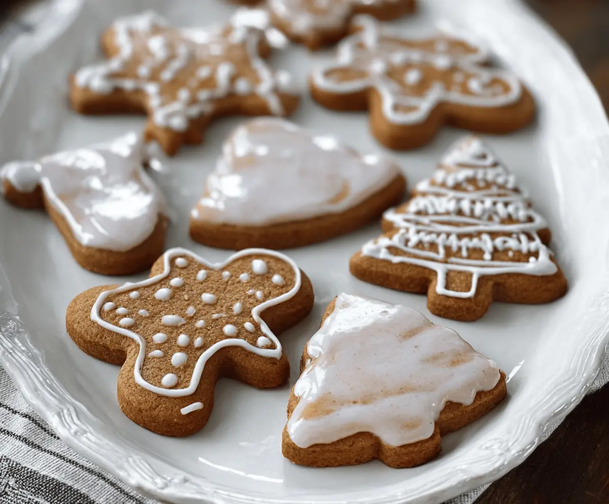 Delicious cinnamon iced gingerbread cookies featuring festive holiday decoration and a shiny glaze.