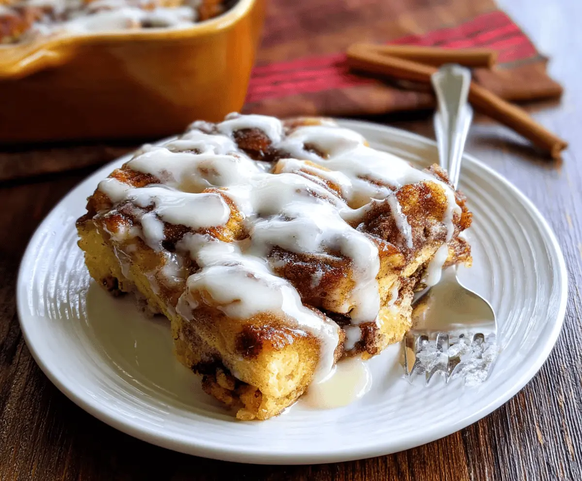 Delicious Cinnamon Roll French Toast Casserole topped with glazed frosting and cinnamon for a sweet breakfast treat.