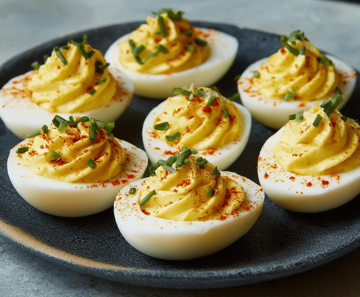 Delicious classic deviled eggs garnished with paprika on a white plate.
