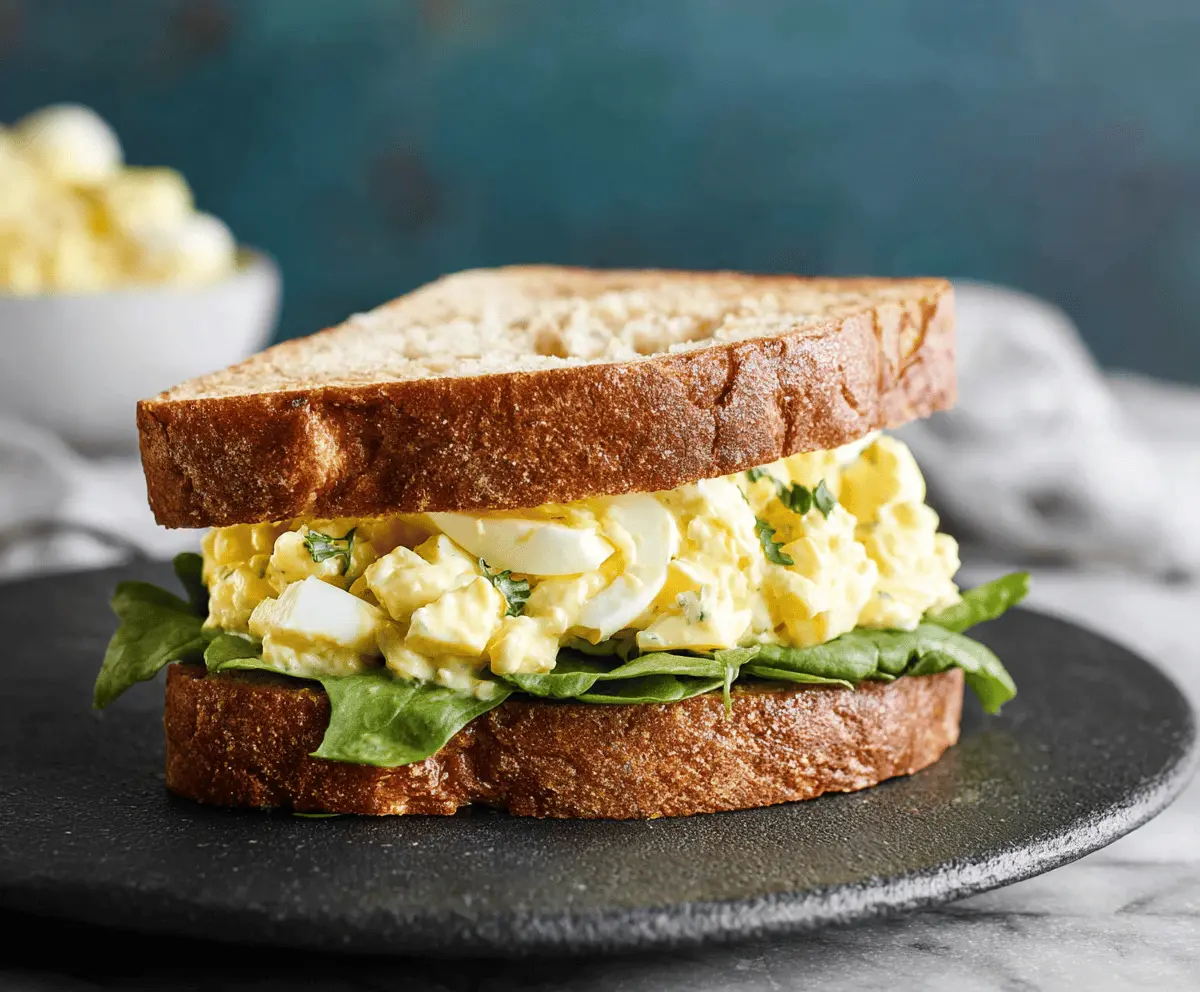 Delicious classic egg salad sandwich on whole grain bread with fresh greens.