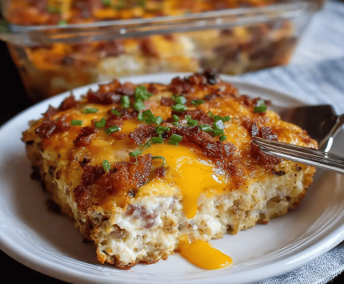 Delicious Crack Breakfast Casserole with eggs, cheese, and breakfast sausage in a baked dish.