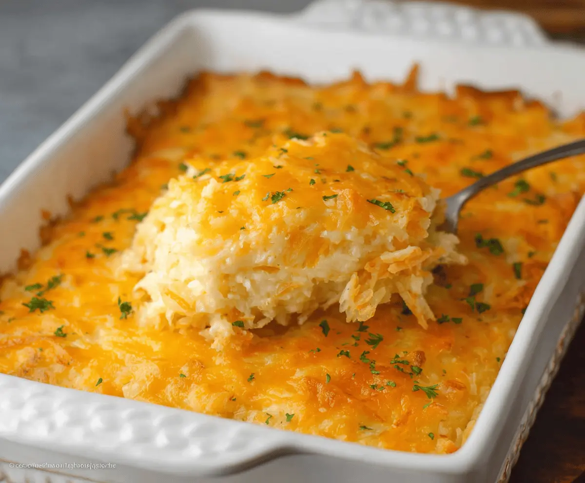 Delicious Cracker Barrel Hashbrown Casserole served hot, featuring crispy hashbrowns and melted cheese.