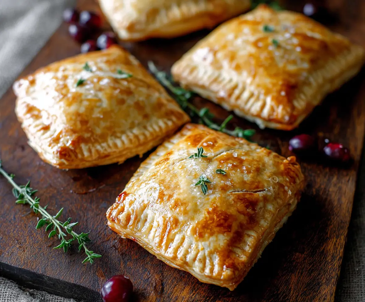 Delicious cranberry Brie mini hand pies with flaky golden crust and gooey cheese filling.