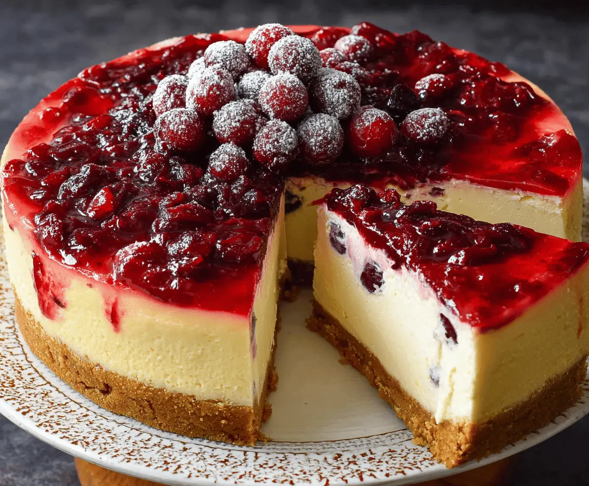 Delicious cranberry cheesecake with a creamy layer and fresh cranberries topping