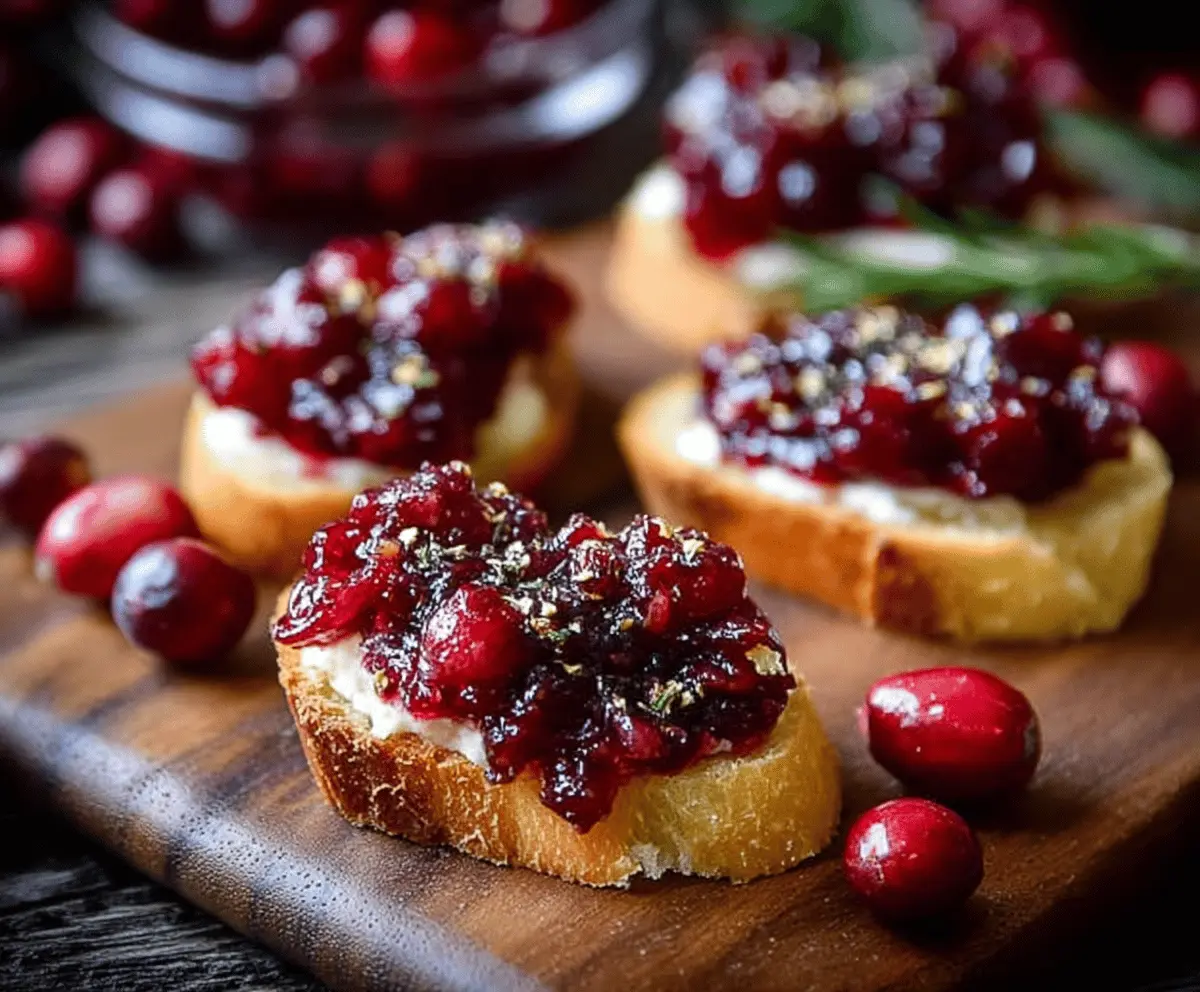 Delicious cranberry chutney crostini topped with fresh herbs on a rustic plate.