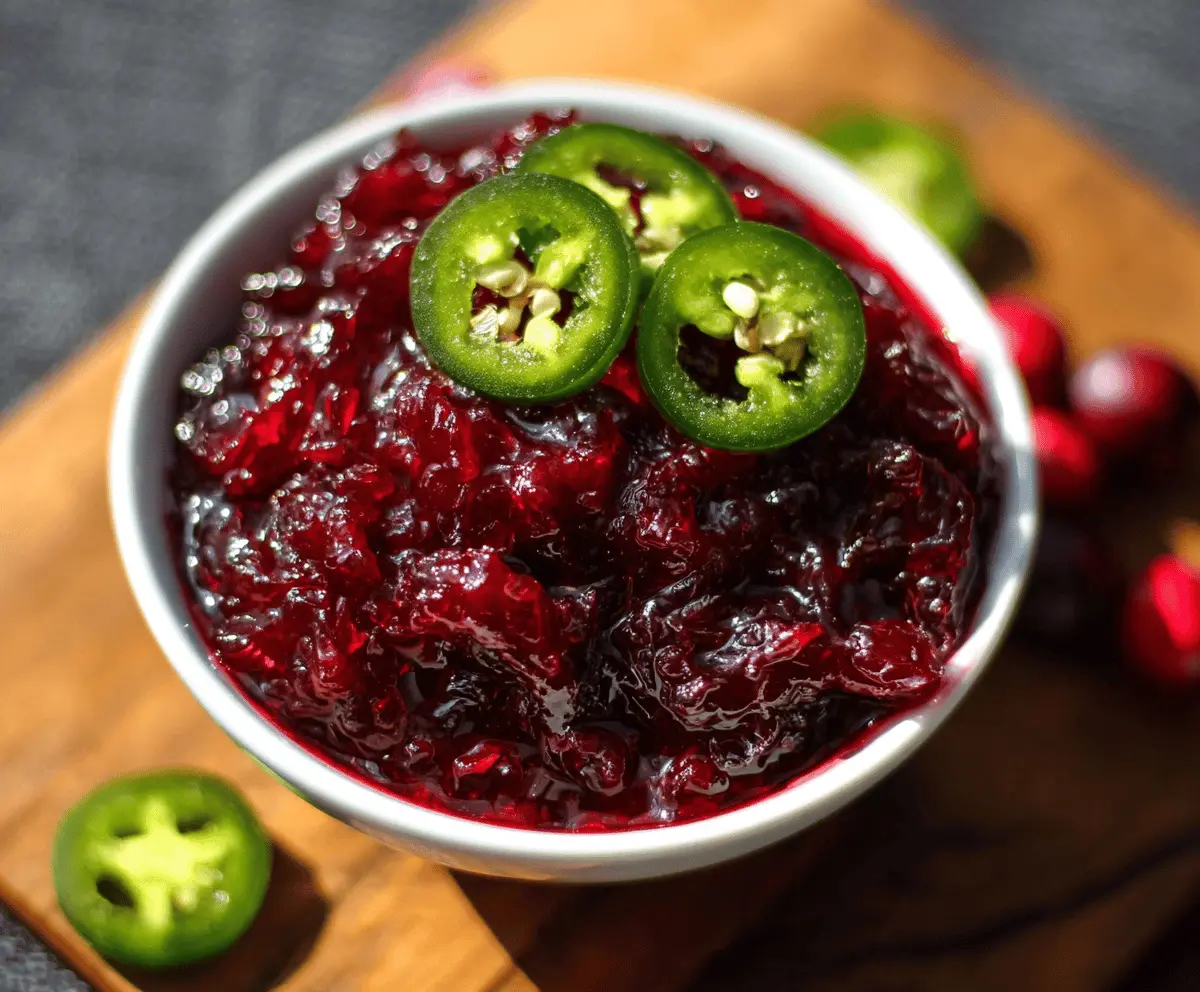 Bright cranberry jalapeño sauce in a bowl, garnished with fresh herbs for holiday dipping.