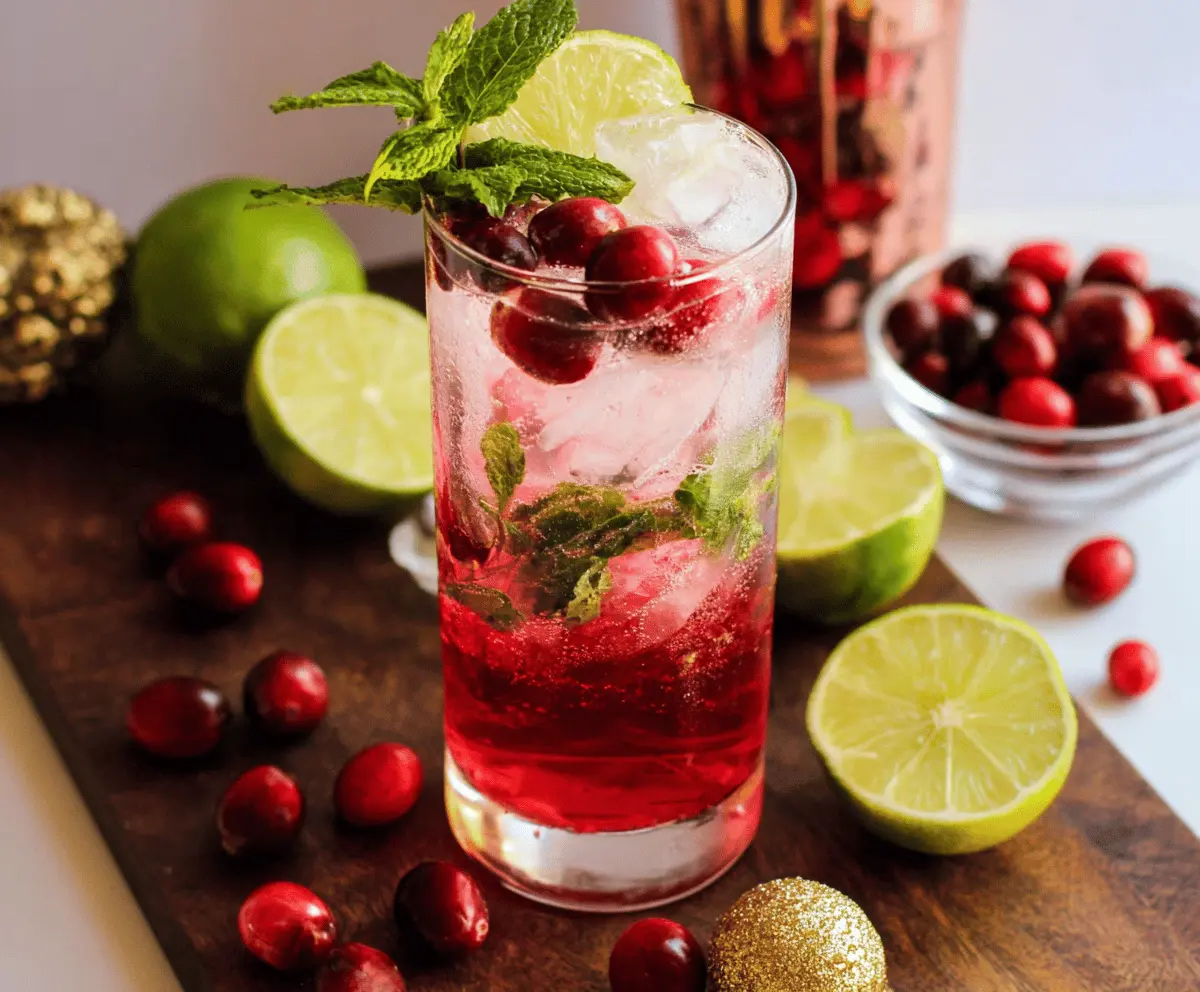 Refreshing Cranberry Mint Mojito with fresh cranberries and mint leaves in a clear glass.