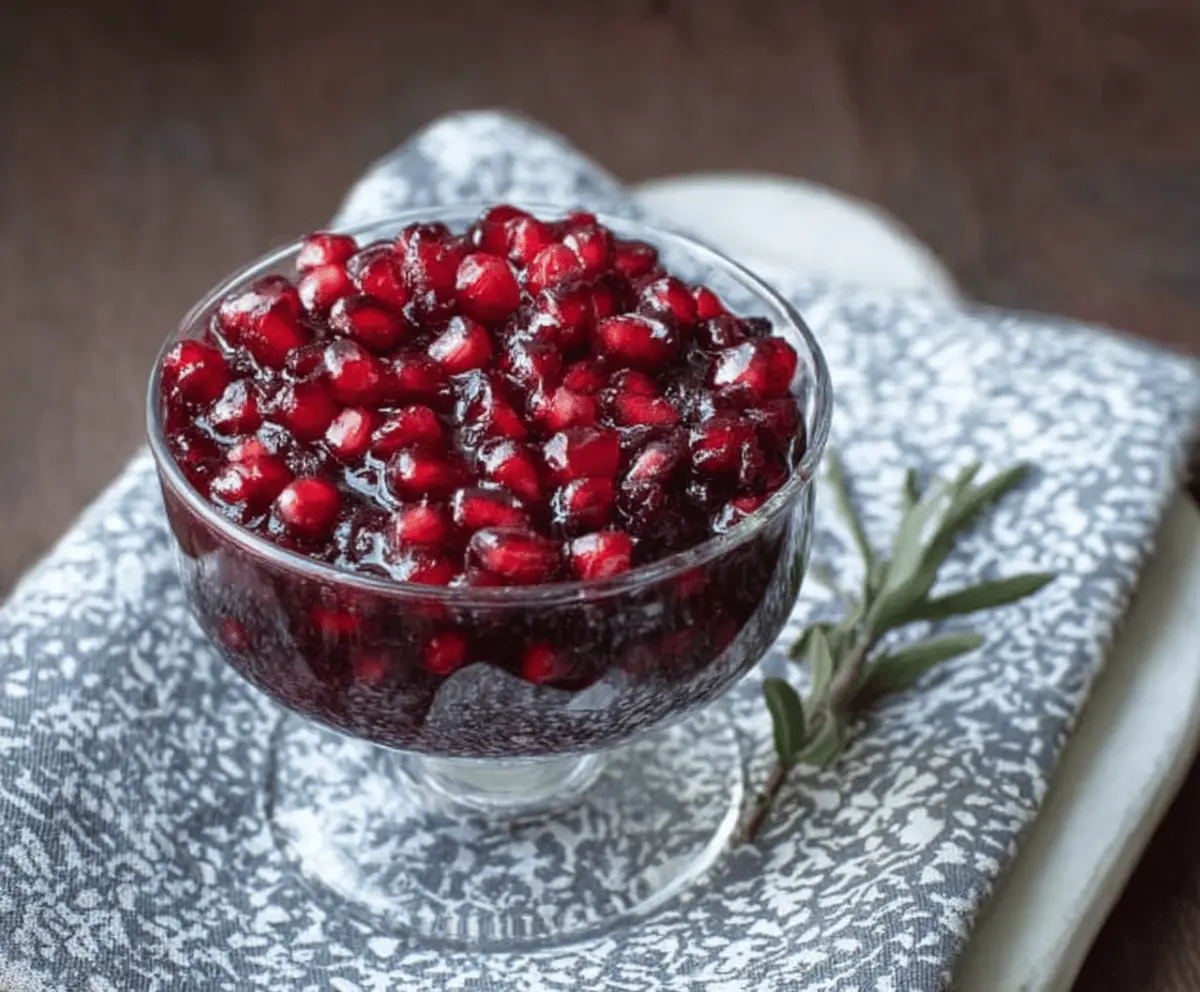 Vibrant cranberry pomegranate sauce in a glass bowl, perfect for holiday dinners.