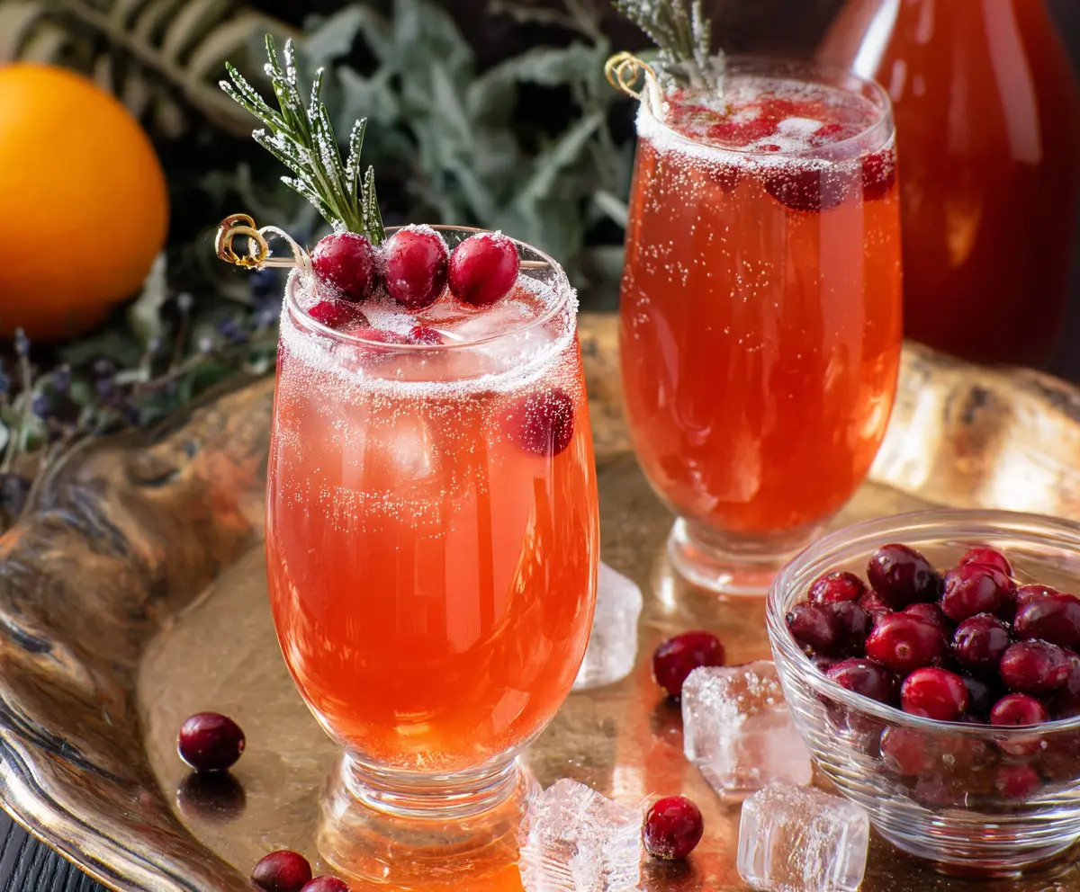 Refreshing cranberry prosecco cocktail in a glass garnished with fresh cranberries and a slice of lime.