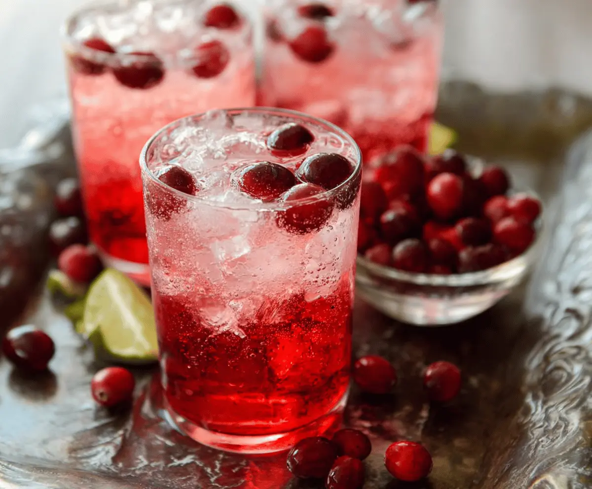 Refreshing Cranberry Vodka Spritzer in a glass with fresh cranberries and mint garnish.