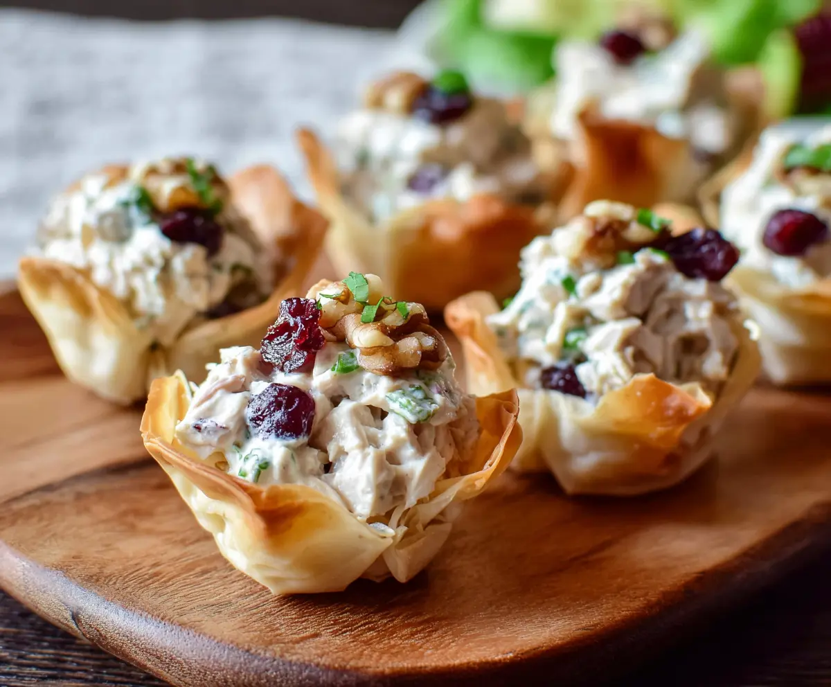 Cranberry Walnut Chicken Salad served in crispy phyllo cups with fresh cranberries and walnuts