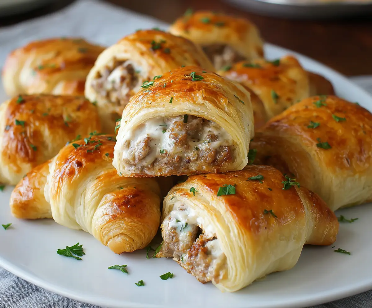 Delicious creamy sausage-stuffed crescent rolls fresh out of the oven on a baking tray.