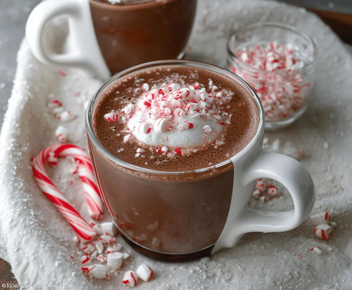 Creamy Crockpot Peppermint Hot Chocolate topped with whipped cream and peppermint candies.