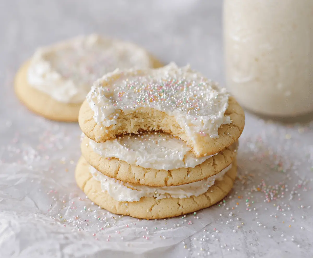 Delicious Crumbl Vanilla Sugar Cookies with a golden-brown exterior and soft center on a plate.