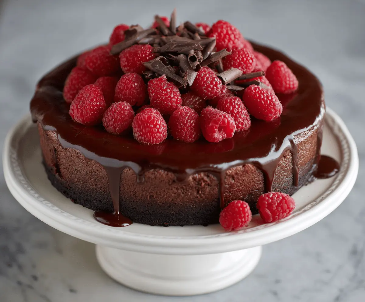 Decadent dark chocolate raspberry cheesecake with rich cocoa and fresh raspberries on top.