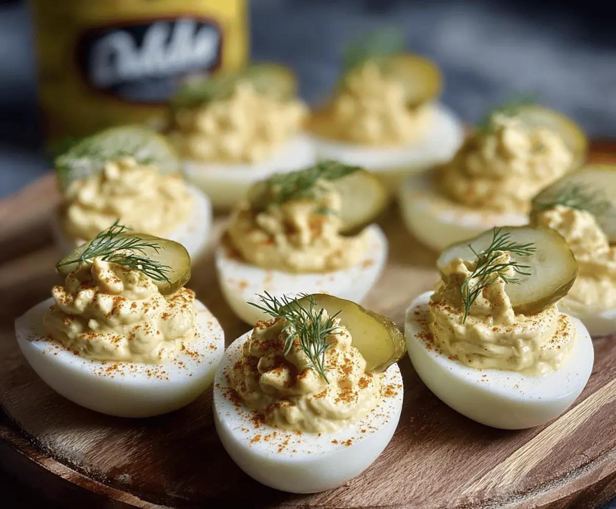 Delicious Dill Pickle Deviled Eggs served on a plate, garnished with fresh herbs.