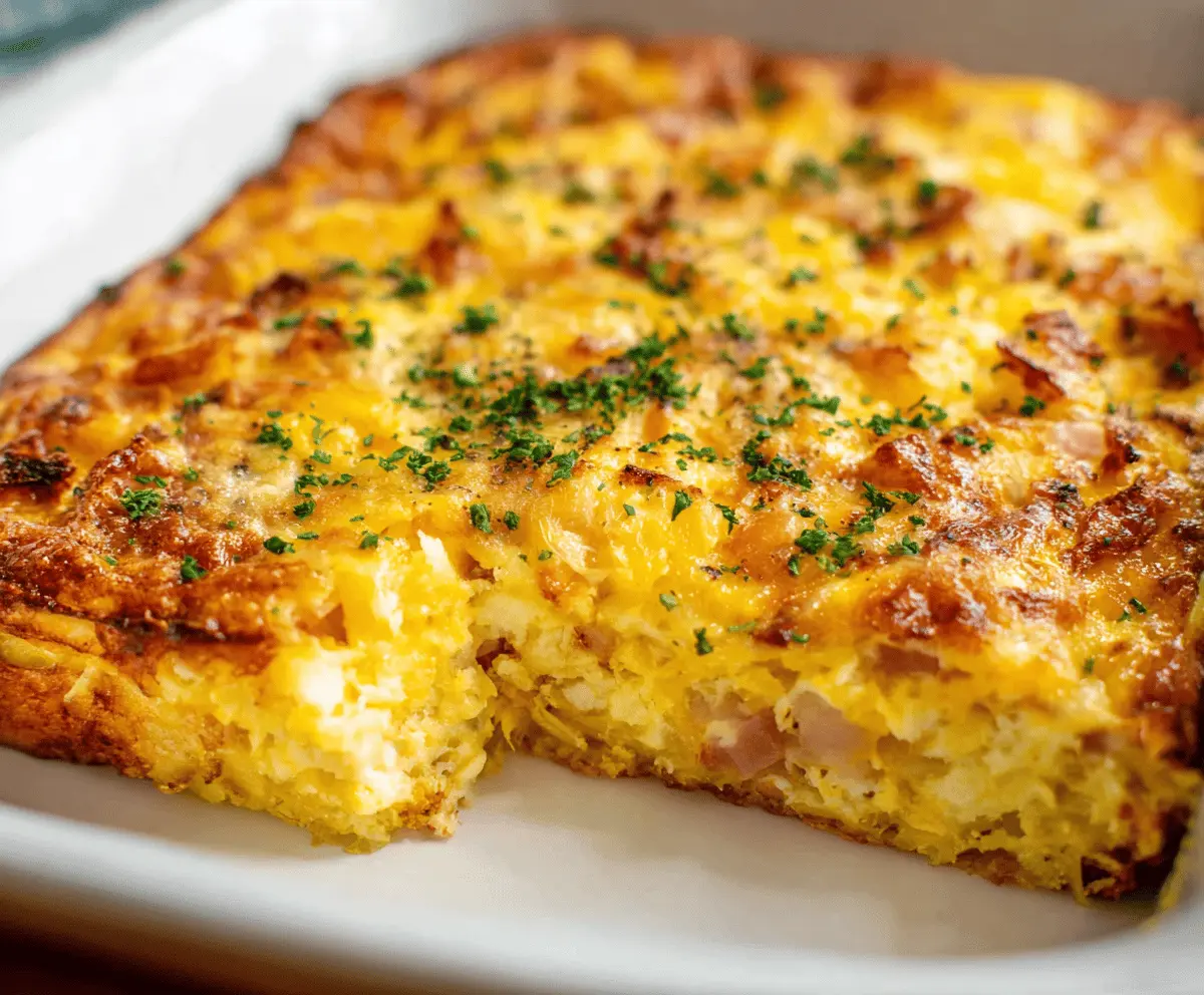 Delicious Egg and Hashbrown Casserole topped with melted cheese on a baking dish.
