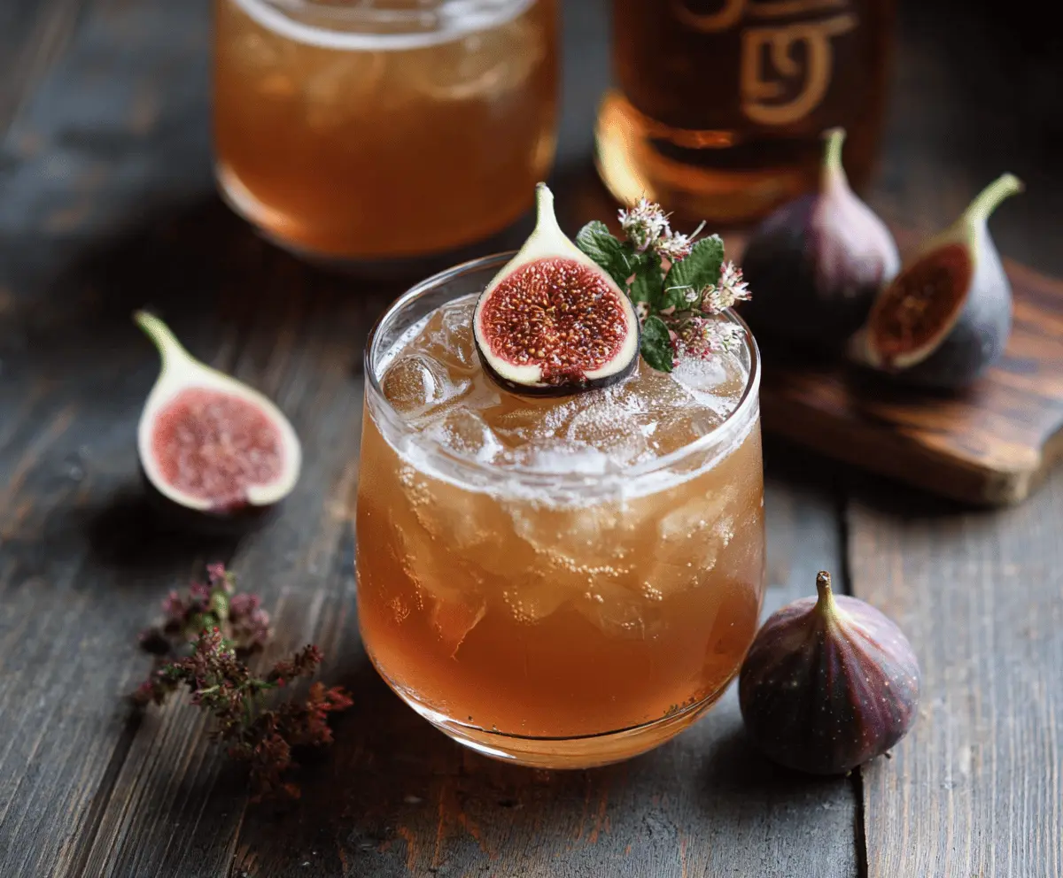 Refreshing Fig Bourbon Smash cocktail garnished with fresh figs and mint leaves on a rustic wooden table.