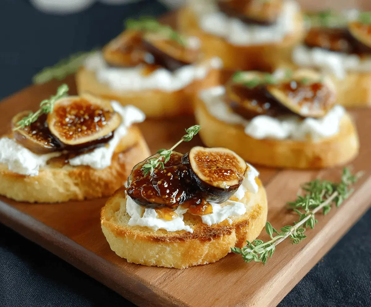 Delicious Fig Jam Goat Cheese Crostini served with fresh herbs on a rustic plate.