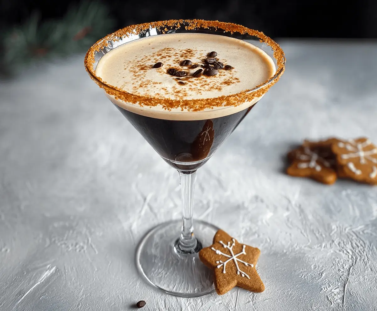 A spicy Gingerbread Espresso Martini garnished with a cinnamon stick and gingerbread cookie on a festive plate.