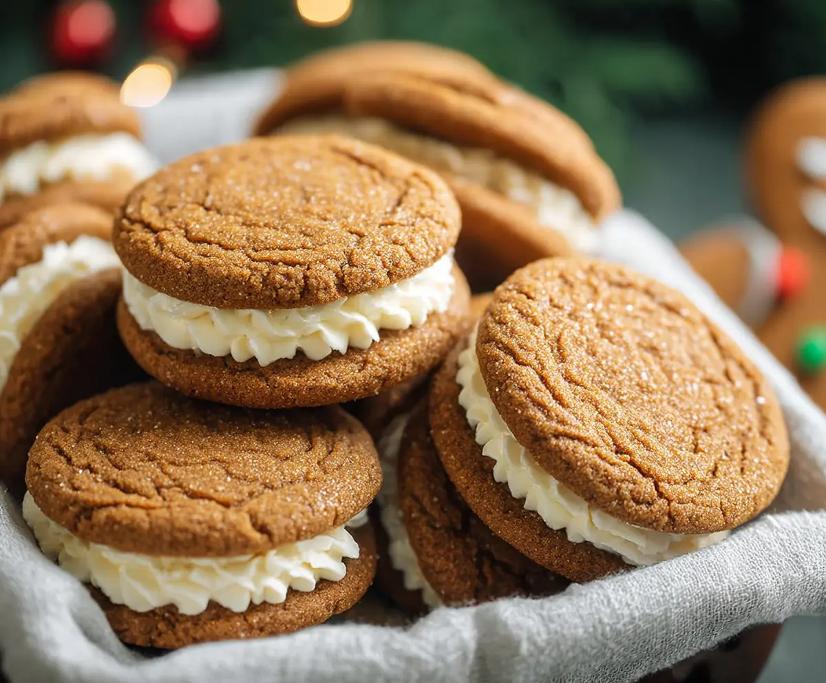 Delicious gingerbread sandwich cookies with creamy filling, perfect for holiday treats.