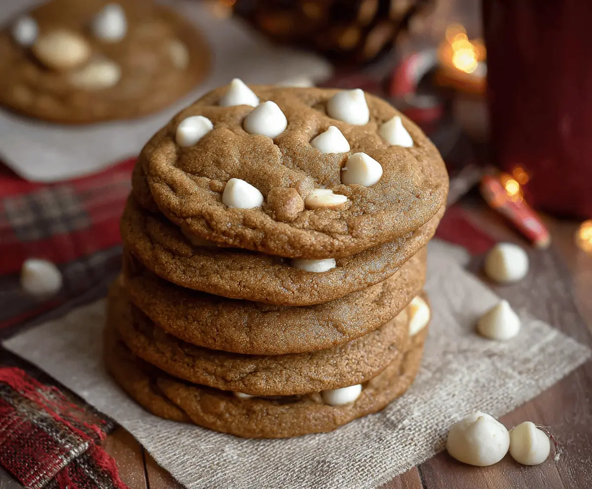 Delicious gingerbread white chocolate chip cookies fresh from the oven, showcasing crispy edges and chewy centers.