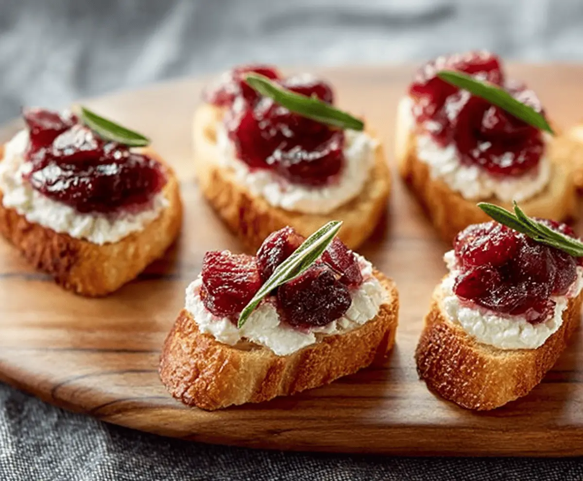 Delicious goat cheese and cranberry crostini served on a wooden platter for a festive appetizer.