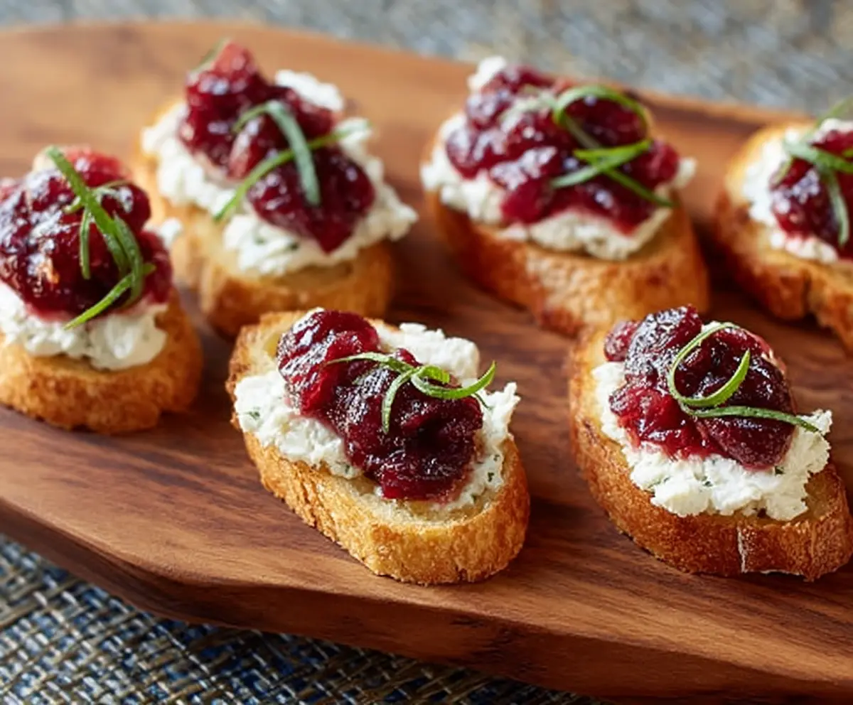 Delicious Goat Cheese Cranberry Crostini appetizer with creamy cheese and vibrant cranberries on toasted baguette slices.