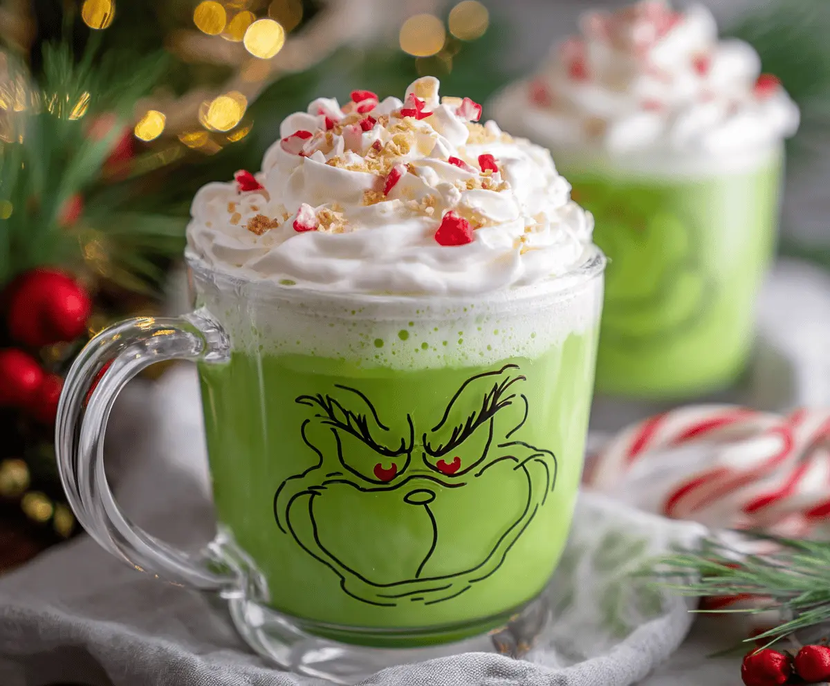 Festive Grinch Hot Chocolate in a mug with green whipped cream and candy decorations for Christmas spirit.