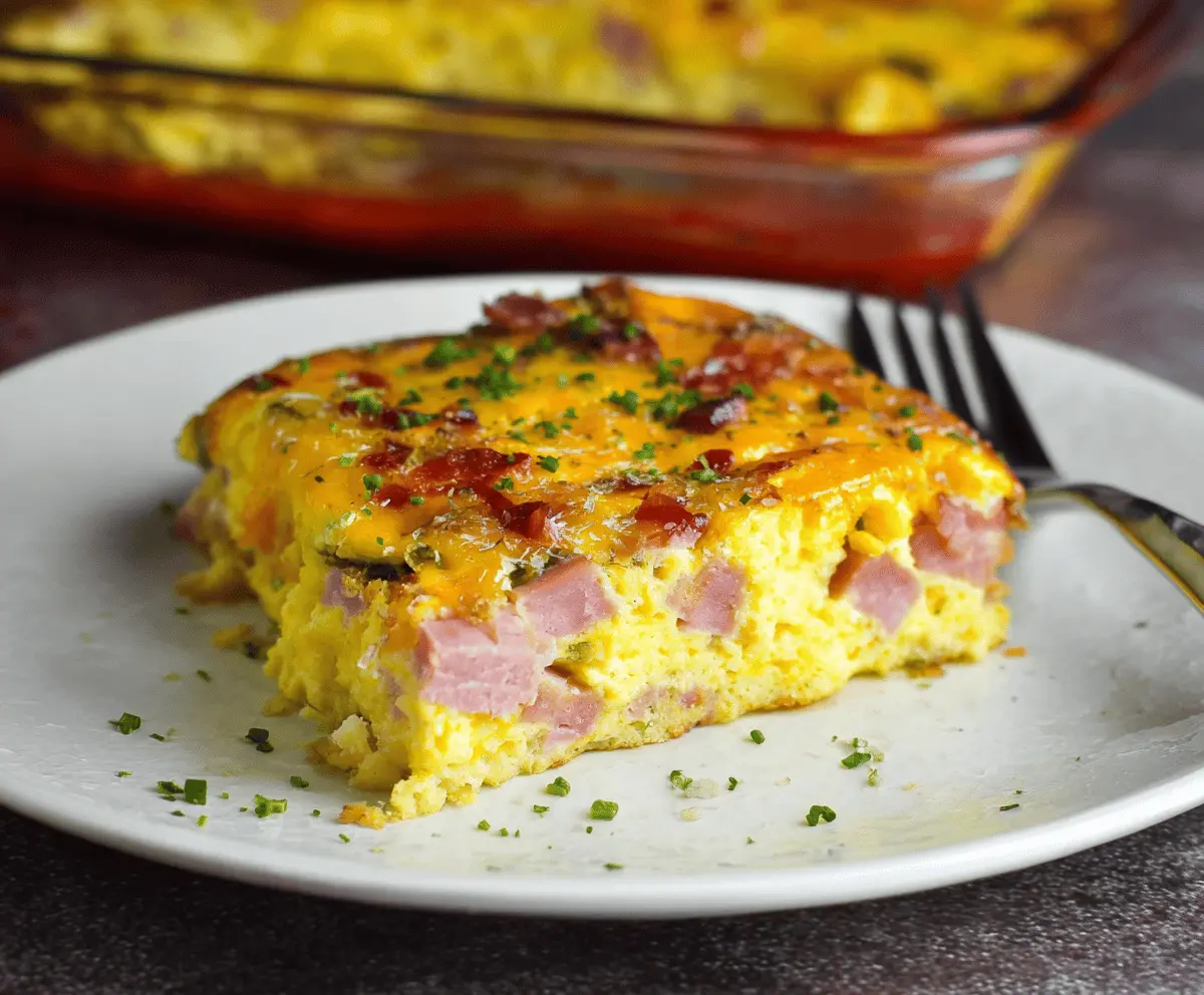 Delicious ham and egg casserole with melted cheese and fresh herbs, perfect for breakfast or brunch.